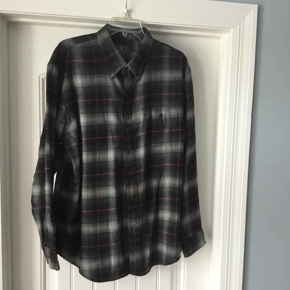 G. H. Bass black, gray, and red flannel shirt. Button down collar